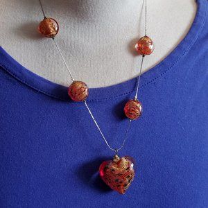 18" Silver Tone Orange Glass Bead Heart Necklace